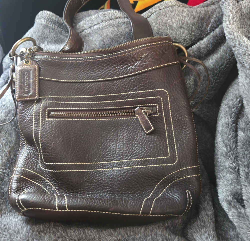Coach Dark Brown Pebbled Leather Shoulder Bag with Contrast Stitching
